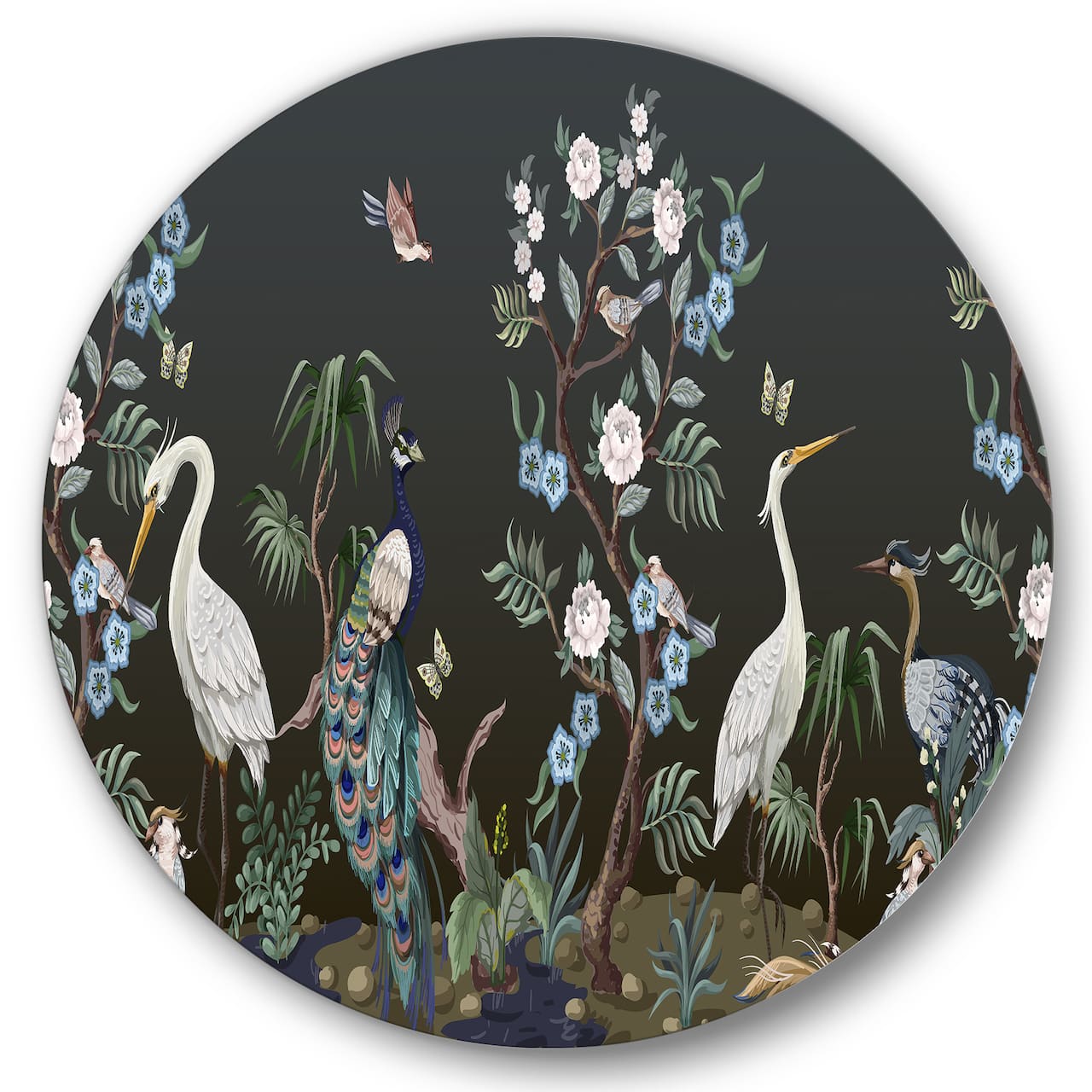 Designart - Chinoiserie With Birds and Peonies IV - Traditional Metal Circle Wall Art